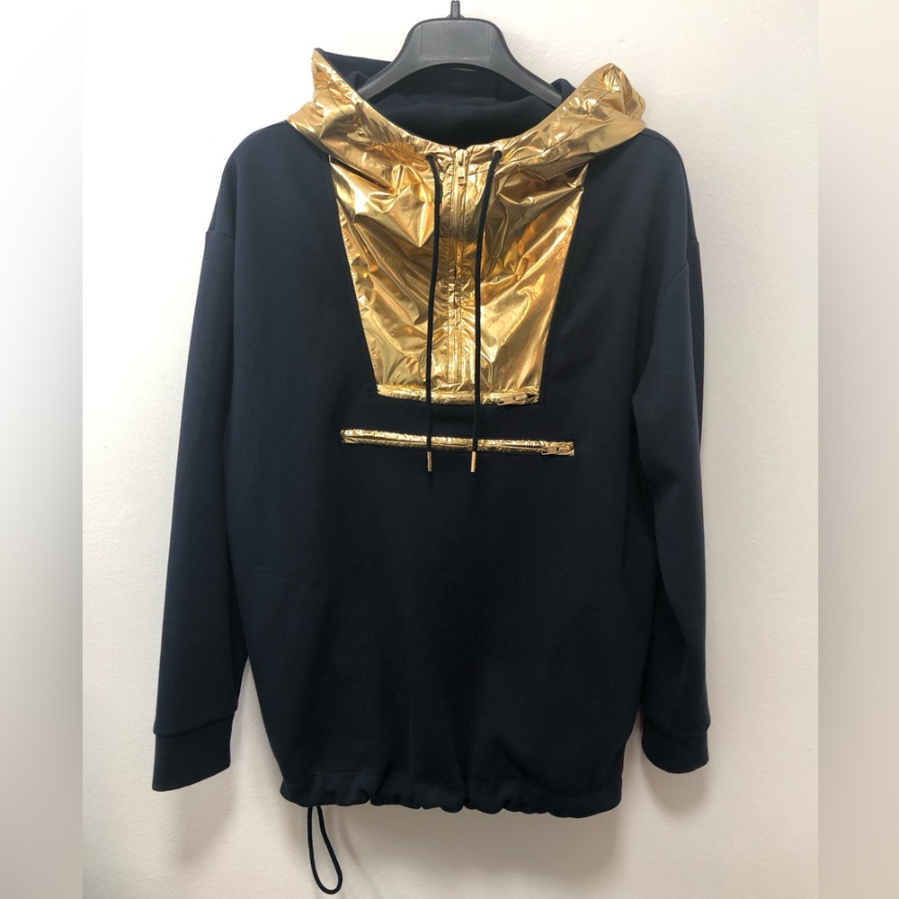 J. Crew hoodie, navy, size M, gold metallic hood, back length 27.5”.
